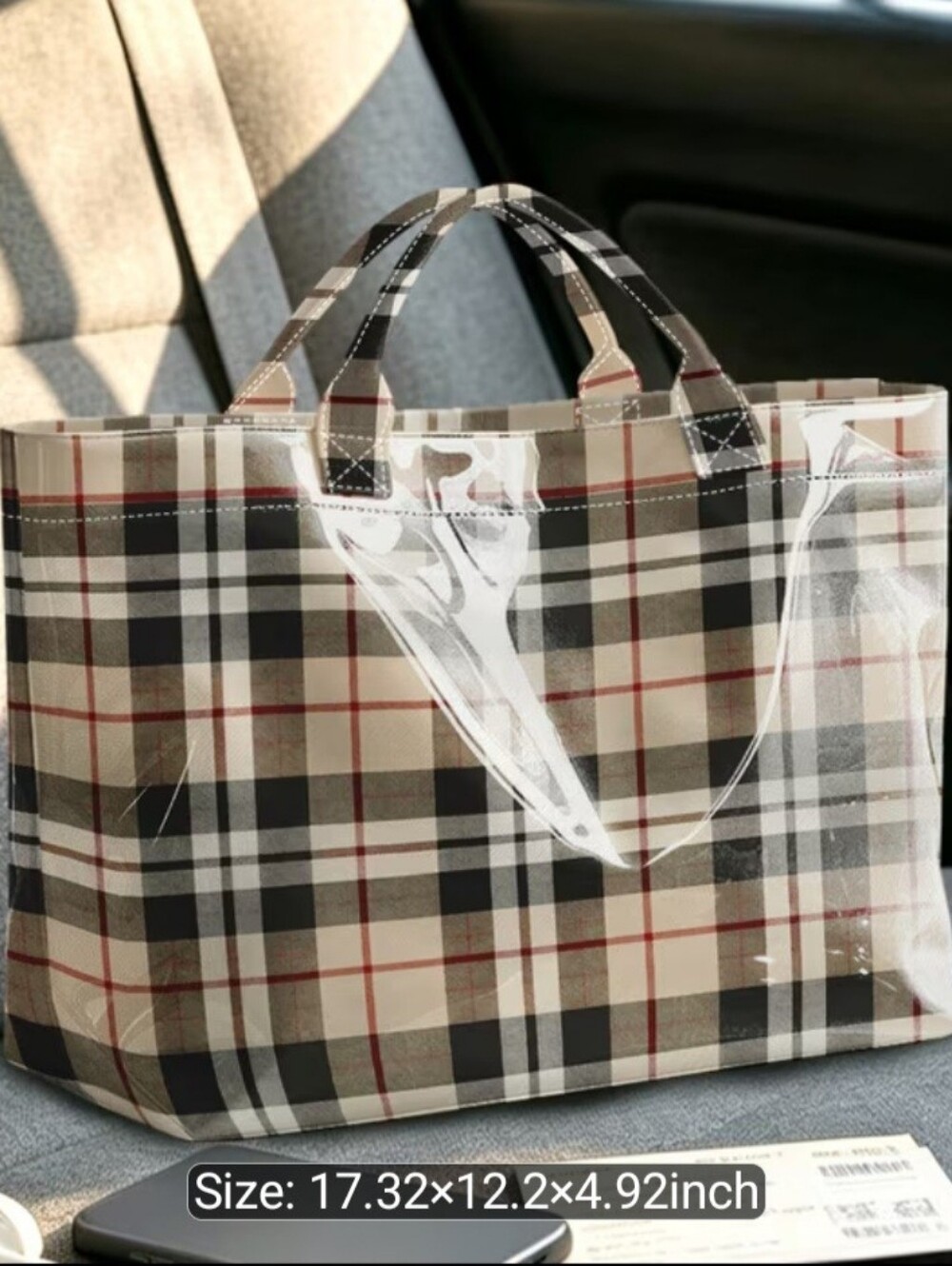 Clear Plaid Tote Bag with Beige and Black Pattern - Picture 4 of 5